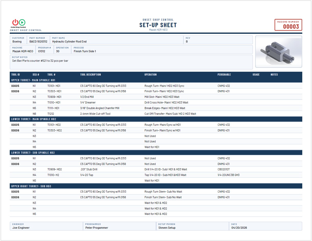 Main Setup Sheet