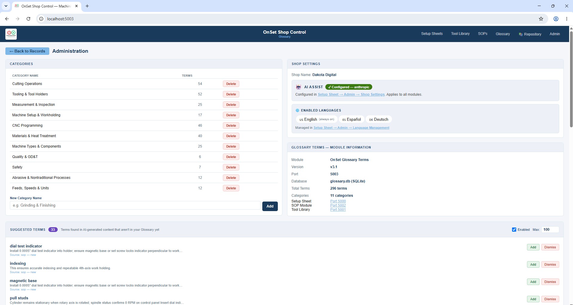 Glossary Admin with Suggested Terms