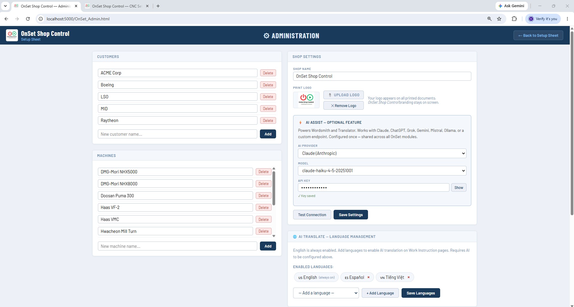 Setup Sheet Administration