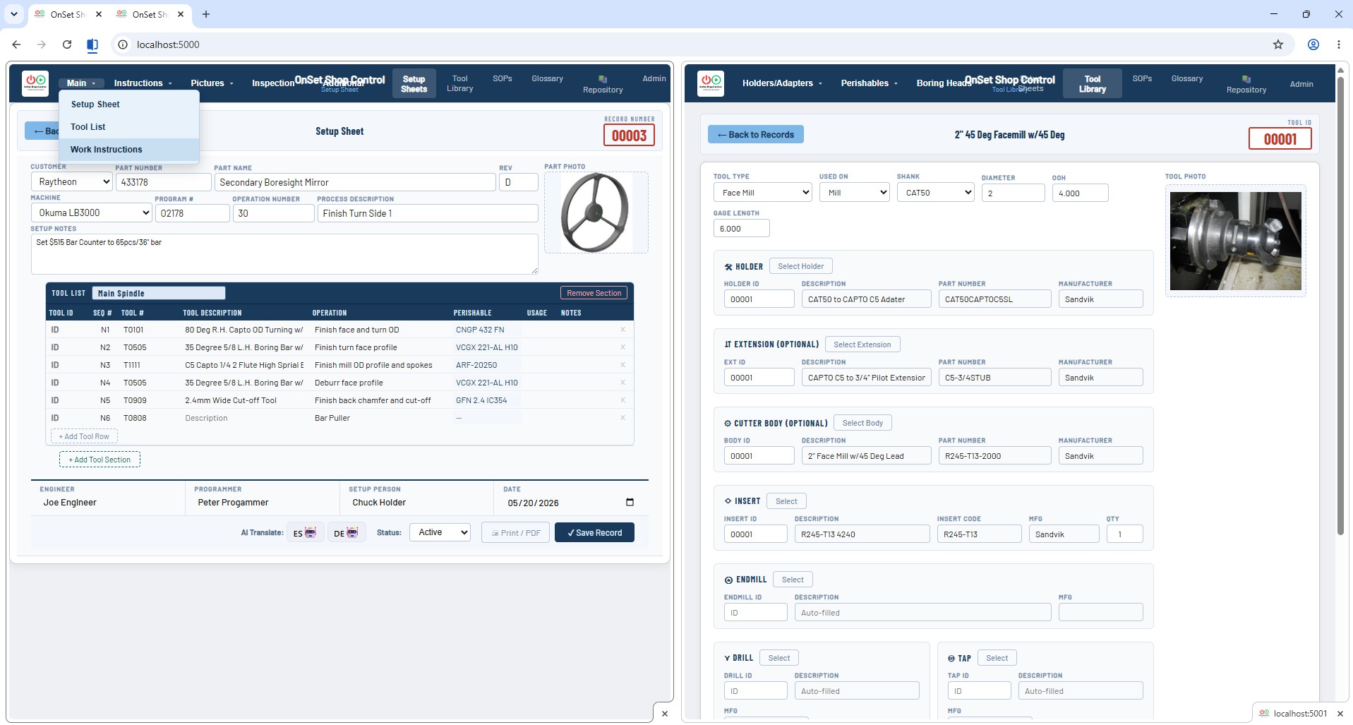 Setup Sheet and Tool Library Split Screen